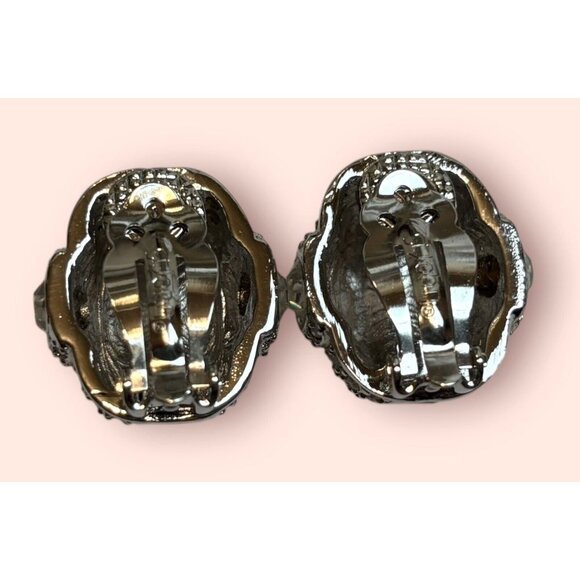 Vintage St. John Clear Rhinestone Crystal Silver Nautilus Shape Clip On Earrings - Picture 8 of 12